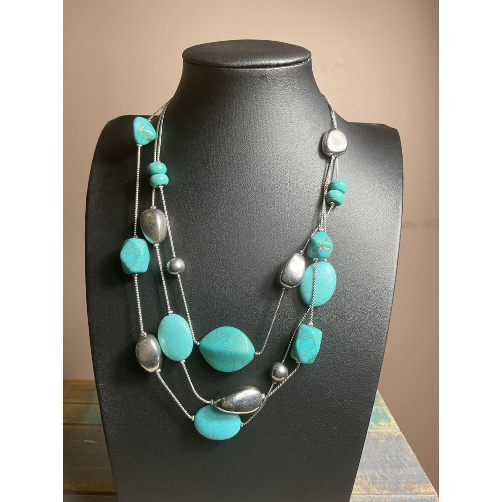 Turquoise & Silver Tone Multi-Strand Beaded Necklace Adjustable Length